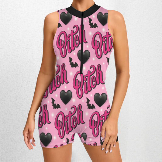 B*tch Pink Half Zipper Bare Back Jumpsuit