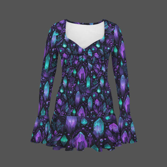 Crystal blue & purple long sleeve ruffled dress