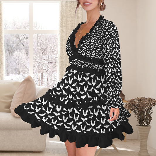 Bat Long sleeve v-neck ruffled boho dress